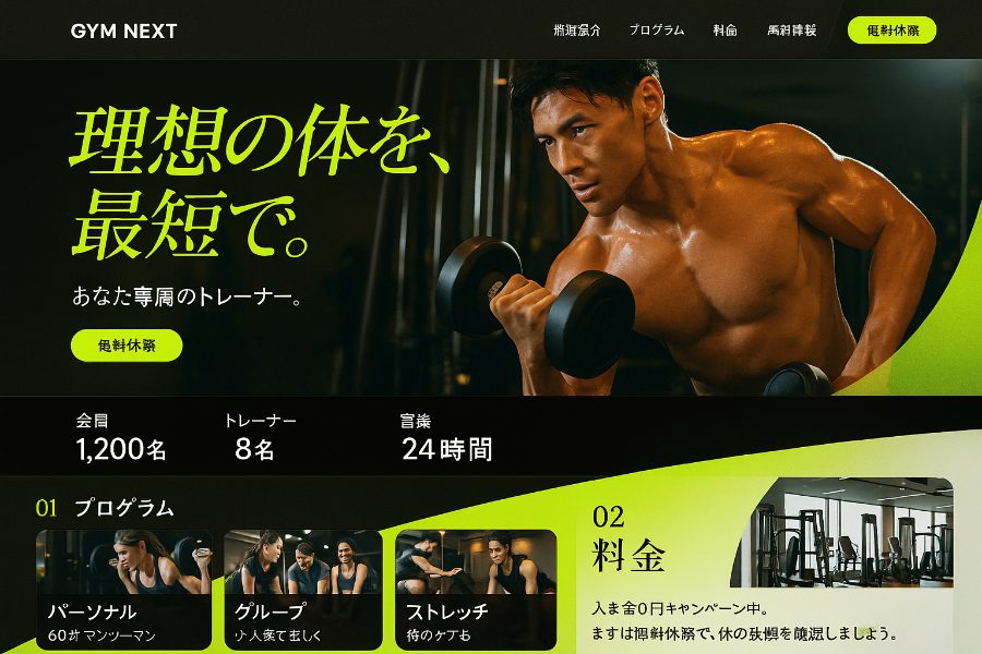 ジム・フィットネスのホームページ案(PC表示)